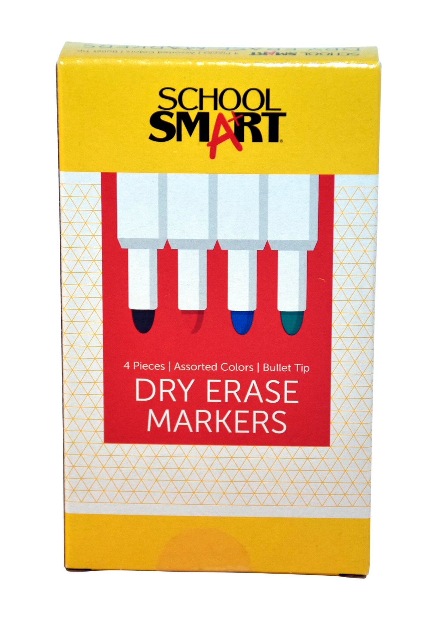 School Smart Dry Erase Markers, Bullet Tip, Low Odor, Assorted Colors, Pack of 4 1402628